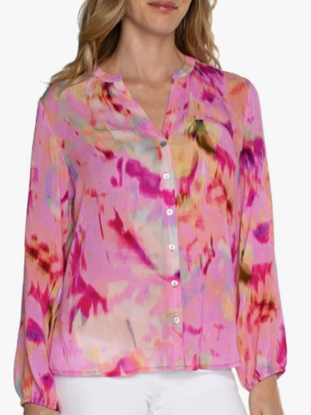 Pink Watercolor Print Button-Front Blouse